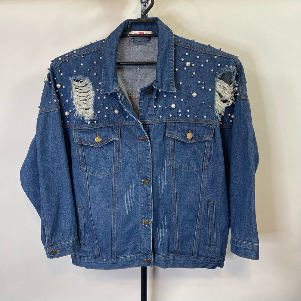 Buddy Love Distressed Blue Denim Jacket with Pearl Embellishments